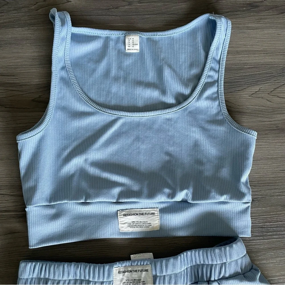 Women’s Blue Lounge Set XS Matching Sports Bra Shorts Soft Ribbed Activewear